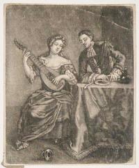 [A lady playing a guitar, a gentleman seated at table to right.]