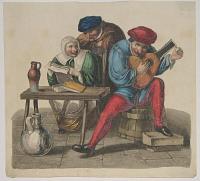 [A man tuning a lute or guitar.]