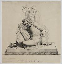 [Classical sculpture: a nude warrior seated on the ground surrounded by his armour, weapon and shields.]