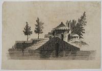 [Landscape buildings beside water, partially submerged steps to foreground.]