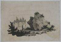 [Landscape with figure with stick or crook looking up at rocks beside a river.]