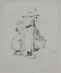 [Two young servant-girls; one balancing two baskets on her shoulders.]