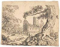 [Ruined church in a field with tree and seated figure]
