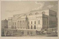 View of the New Theatre Royal, Covent Garden. Designed by R.t Smirke Jun.r Esq.r (Built by Mr. Copeland), The first Stone was laid by H.R.H. The Prince of Wales as G.M. of Free Masons, 31st. Dec.r 1808. and Opened 18th Sept.r 1809.
