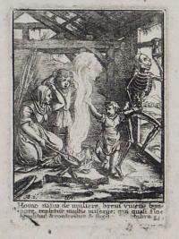 [Skeleton holding hourglass pulling a child away from his family; verses from the Bible below]