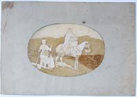 [A mounted woman talking to a man and child.]