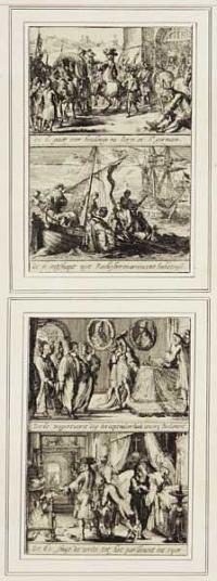 [James II in his palace with parliament entering; revoking his decision to form a parliament; arriving in Ambleteuse by boat; and arriving in St Germain-en-Laye]