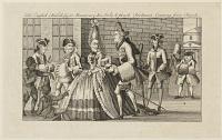 The English Frenchifyed Macaroney, his Lady & french Footman Comeing from Church.