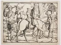 [Two figures on horseback, with other figures behind]