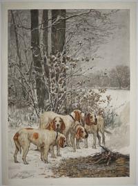 [A pack of hounds around a camp fire in a snowy wood.]