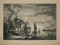[Riverside view at sunset with boats and man carrying barrel]