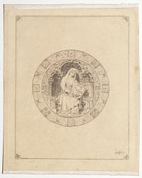 [Depiction of a female saint on a shield.]