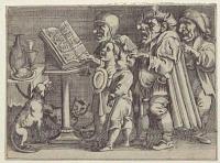 [Grotesque figures singing, reading from a music book on a lectern.]