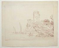 [A ruined tower above a river.]