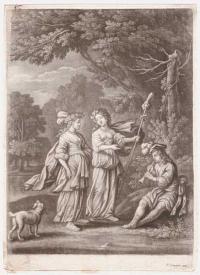 [Pastoral scene with man playing a shawm.]