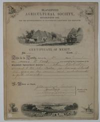 Blandford Agricultural Society, Established 1839, for the Encouragement of Industrious Labourers and Servants. Certificate of Merit.