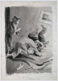 [Caricature of a man wrestling with a burglar, with his wife wielding a golf club.]