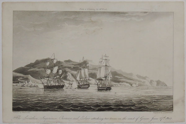 The Leviathan, Imperieuse, Curacoa, and Eclair attacking two towns on the coast of Genoa, June 27th. 1812.