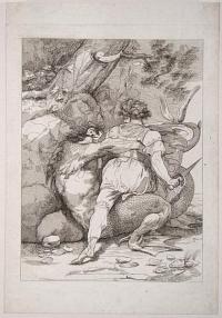 [Man struggling with a scaly-legged monster.]