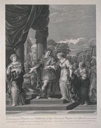 Caesar putting away Pompeia, receives Calphurnia as his Wife. C&eacute;sar repudie Pompeia, et recoit Calpurnia coimme sa femme.