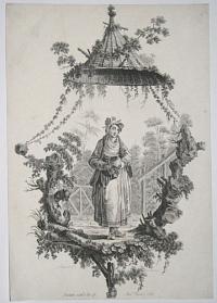 [Woman in a landscape holding a vessel and polishing it with her dress; in decorative surround.]