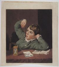 [Boy dangling key whilst studying.]
