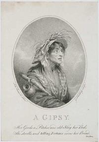 A Gipsy. Her Goods a Picher; and old Hay her Bed, She strolls, and telling Fortunes earns her Bread. Dryden.