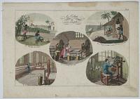Pl.34. Le Coton et son emploi. No.1. Recolte du Coton. No.2. N&egrave;gres occupies &agrave; metre le coton en balles. No.3. Cardage du Coton. No.4. Filature du Coton. No.5. Fabricant de Bas.