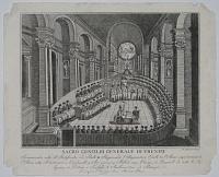 Sacro Concilio Generale di Trento. Incomunicato sotto il Pontificato di Paolo III Regnando l'Imperatore Carlo V. L'Anno 1545 terminato l'Anno 1564 Intervenero 7 Cardinali, 4 Arcivescovi, 7 Prelati, 227 Vescovi, 12 Generali di tutte le Re: ligioni, 12