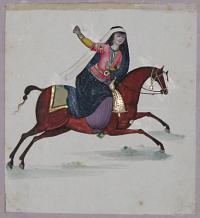 [Pair of paintings of Moghul women: a horsewoman and a drummer.]