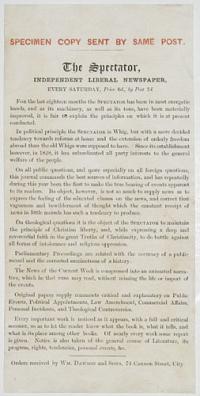 The Spectator,  Independent Liberal Newspaper, Every Saturday, Price 6d., by Post 7d.