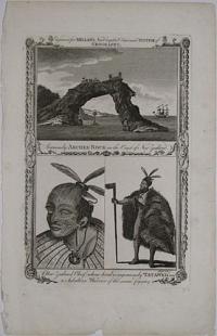 A curiously Arched Rock on the Coast of New Zealand.  A New Zealand Chief whose head is ingeniously Tatawed, and a Subaltern Warrior of the same Country.