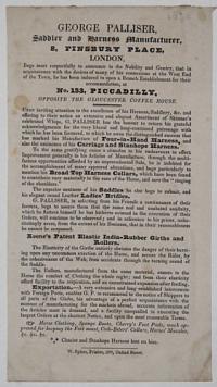 [SADDLER]  George Palliser, Saddler and Harness Manufacturer, 8, Finsbury Place, London,