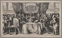Syn Koninckl: Hoogheit, de Heer Prince van Orangjen,wert Capite in Generael gemaeckt den 25 Febr: 1672.  [Dutch title to banner cartouche; William of Orange taking the oath as the new stadtholder of the Netherlands.]