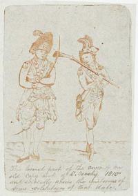 [In pencil underneath image:] This formed part of the cover of an old Copy book of S. Crosby 1810 and evidently shows the uniforms of some volunteers of that date.