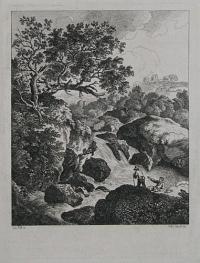 [A rapid river in a landscape; two figures to foreground.]