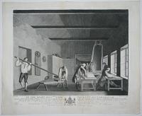 Plate XI. To the Right Hon.ble Lord Viscount Kingsborough. This Plate representing a Perspective View of the Lapping Room, with the Measuring, Crisping, or Folding the Cloth in Lengths, Picking the Laps or Lengths, Tying in the Clips, acting by the