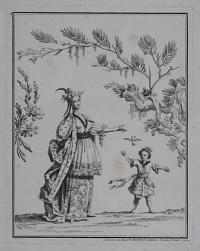 [Ornamental design; a woman and child with flying bird.]