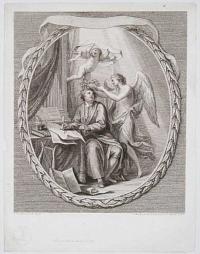[Handel composing sacred Music; the Genius of Harmony crowning him, & a Seraph wafting his name to heaven.]
