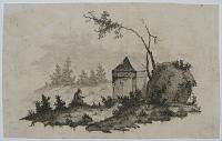 [Landscape with figure and small building.]