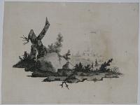 [Landscape with two figures and distant buildings.]