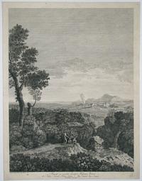 [Three figures in a landscape; a city beside a bay in the distance.]