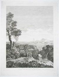 Pinxit in pariete Gaspar Pussinus Romae In Aedibus Exccell. Princ. Column. Mag. Comestab. Reg. Neapolis.  [Three figures in a landscape; a city beside a bay in the distance.]