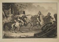 [Untitled: two pairs of cavalrymen, one rider firing a pistol, a destroyed cannon on right.]