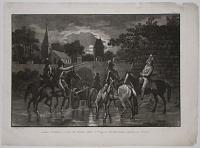 [Untitled: moonlit scene of five cavalrymen watering their horses before a fortified town.]