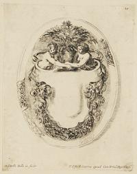 [Cartouche with two women holding a vase of flowers.]
