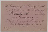 The Council of the Society of Arts request the honour of the Company of Mr. Winkworth and Lady at a Conversazione, on Wednesday Evening, the 9.th July, at the South Kensington Museum.
