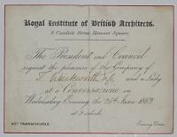 Royal Institute of British Architects. 9, Conduit Street, Hanover Square. The President and Council request the pleasure of the Company of [ink:] Thomas Winkworth Esq. and a Lady at a Conversazione, on Wednesday Evening the 35th. June 1862. at 9 o'clock.