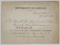 University of London. Somerset House, April 19th. 1853. The Chancellor, Vice=Chancellor, and Fellows, Request the Honor of the Company of [Ink:] Mr.T.Winkworth. At a Meeting for Conferring Degrees, on Wednesday the 4th. of May, at Two P.M. In the