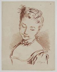 [A young woman, with necklace and flower in her hair.]